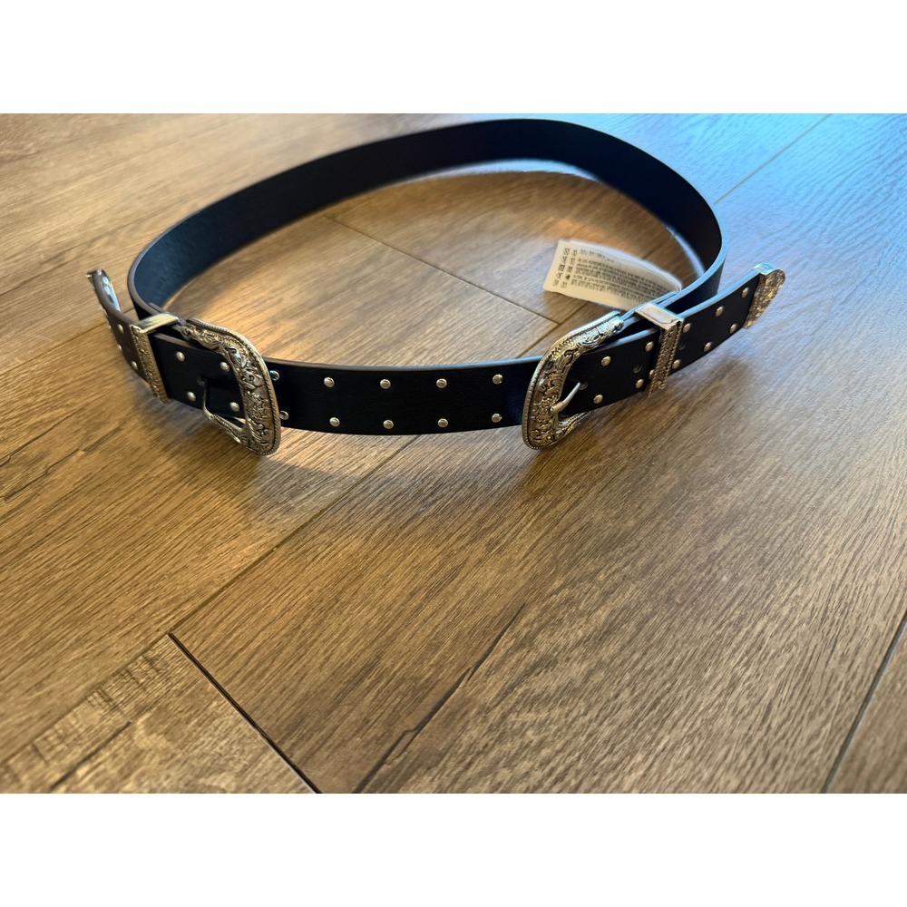 Zara Black Double Buckle Western Belt Silver Studded Engraved Hardware XS‎ S